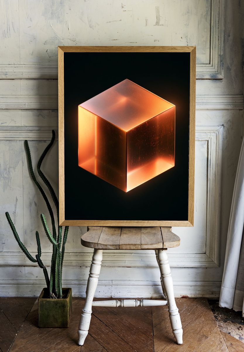 Glowing Amber Cube Abstract Poster. — room view 1