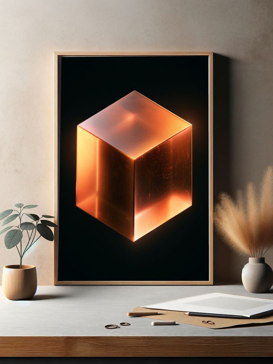 Glowing Amber Cube Abstract Poster. — room view 2