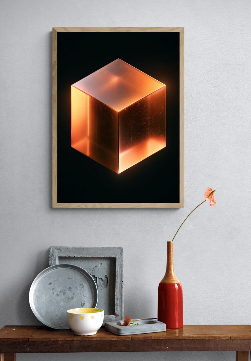 Glowing Amber Cube Abstract Poster. — room view 3