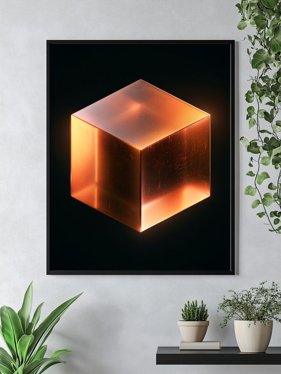 Glowing Amber Cube Abstract Poster. — room view 4