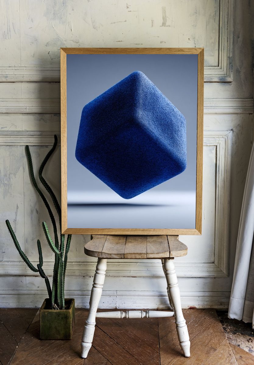 Floating Blue Cube Abstract Poster. — room view 1