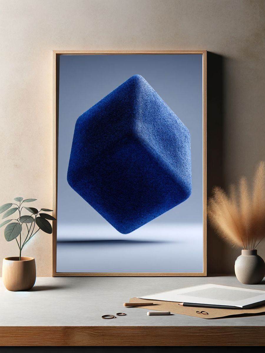 Floating Blue Cube Abstract Poster. — room view 2