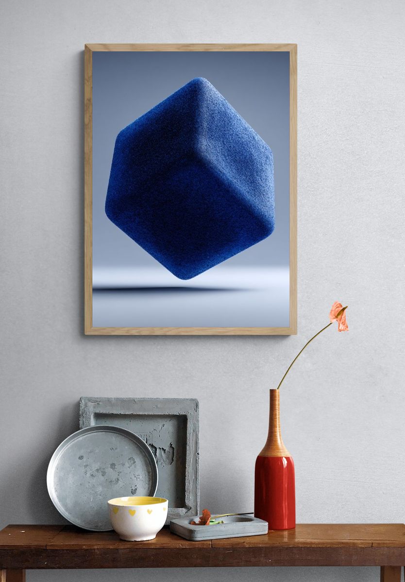Floating Blue Cube Abstract Poster. — room view 3