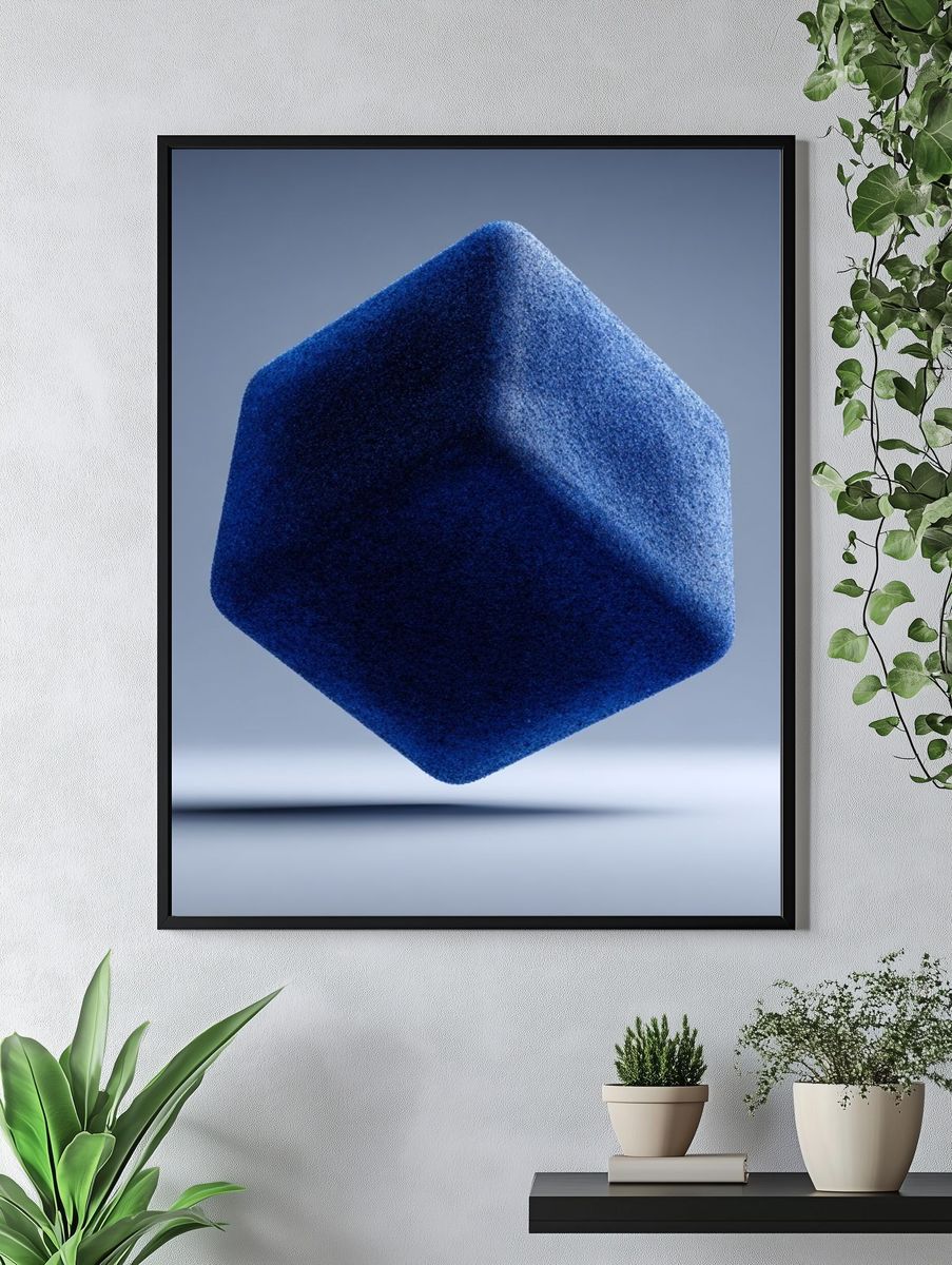 Floating Blue Cube Abstract Poster. — room view 4