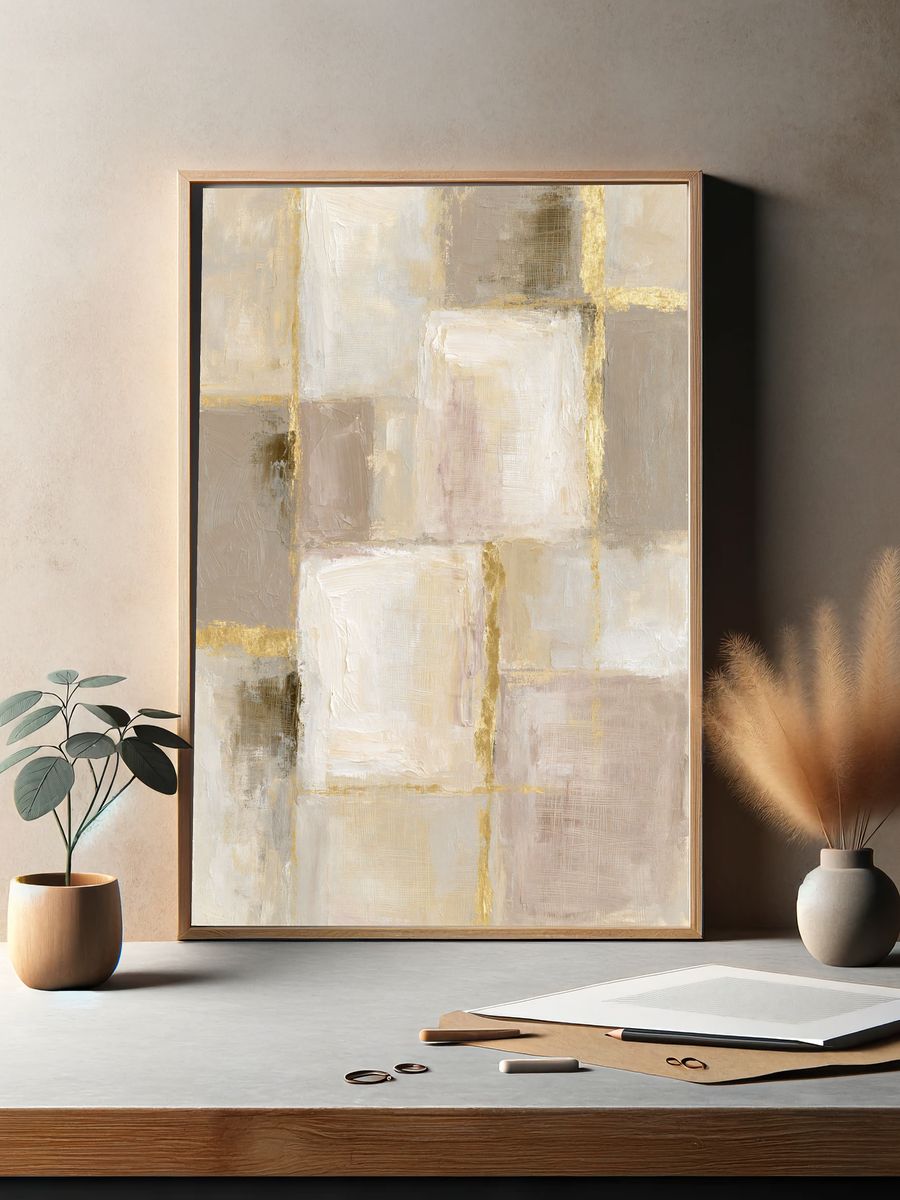 Neutral Gold Grid Abstract Poster. — room view 2