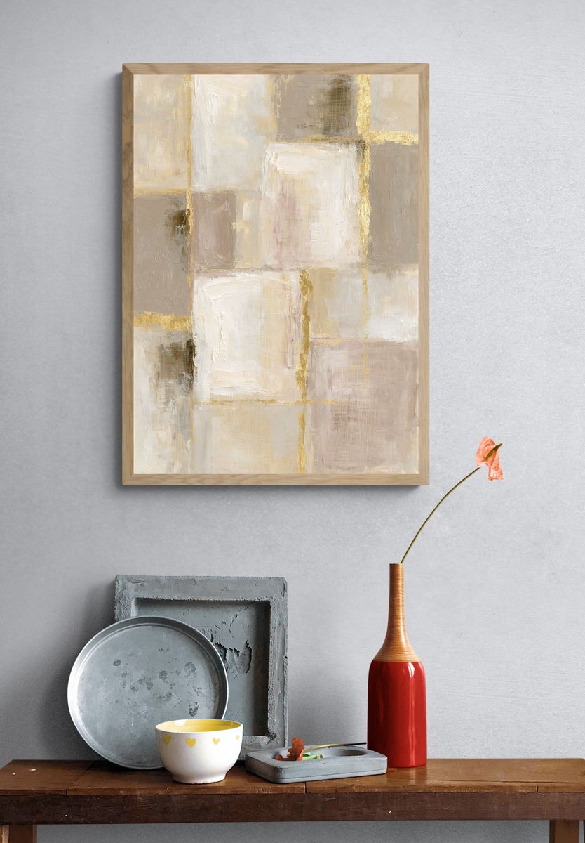 Neutral Gold Grid Abstract Poster. — room view 3