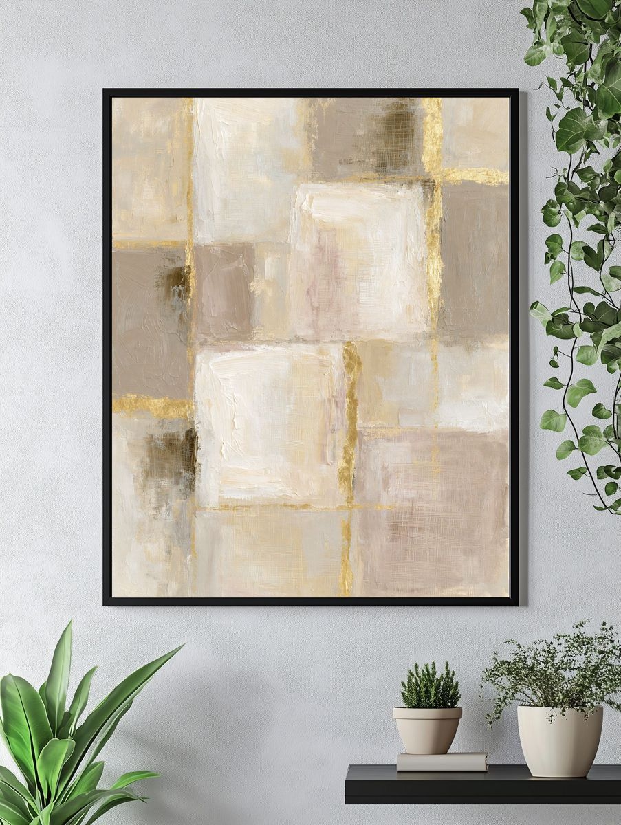 Neutral Gold Grid Abstract Poster. — room view 4
