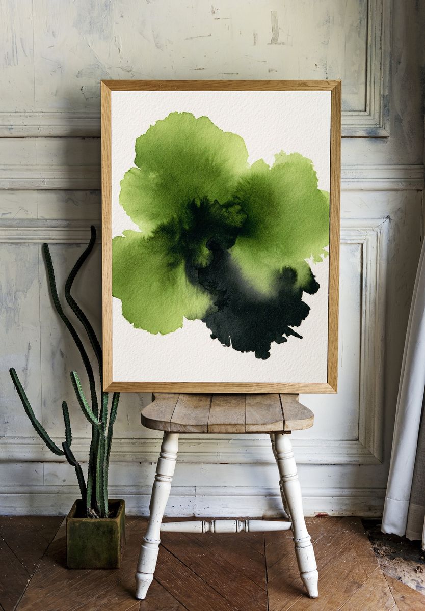 Green Ink Bloom Abstract Poster. — room view 1