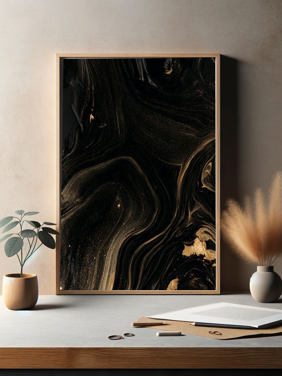 Black and Gold Marble Abstract Poster. — room view 2