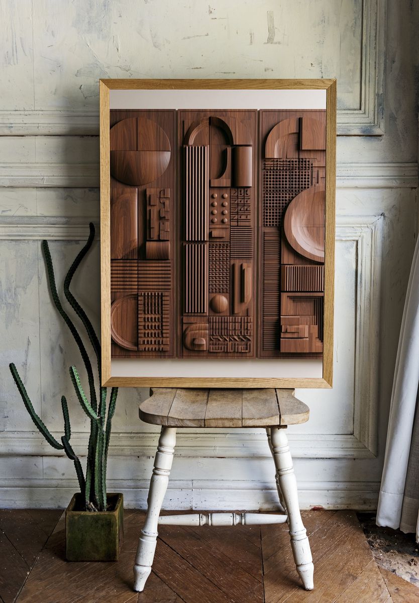 Wooden Geometric Relief Abstract Poster. — room view 1