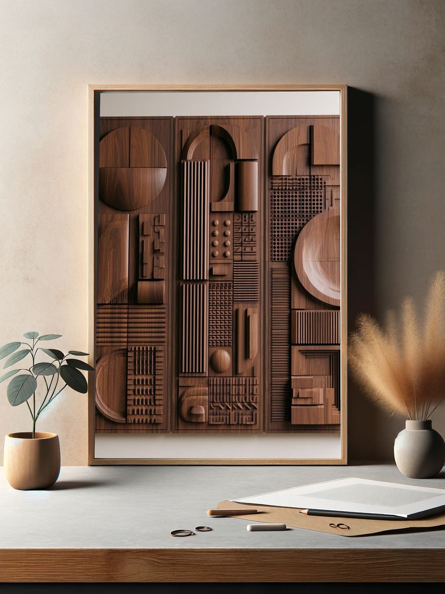 Wooden Geometric Relief Abstract Poster. — room view 2