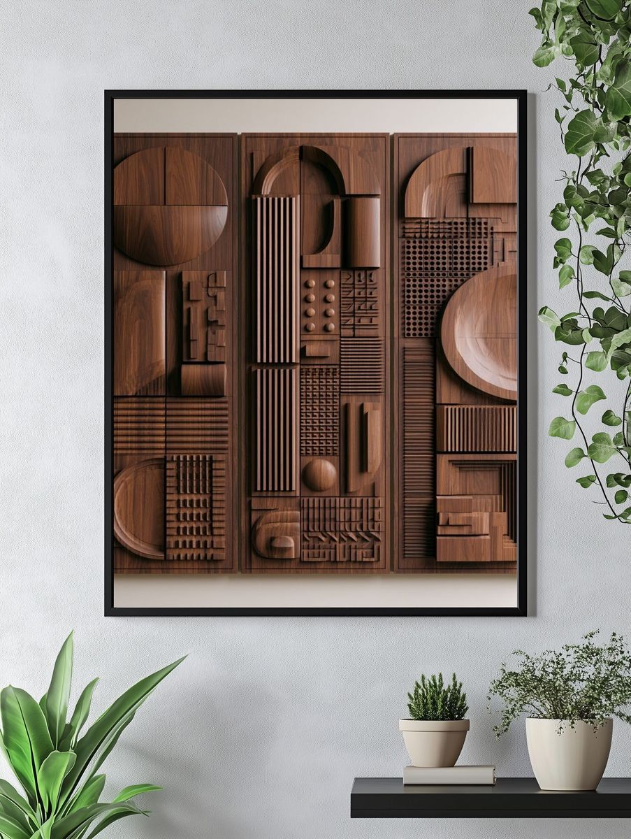 Wooden Geometric Relief Abstract Poster. — room view 4