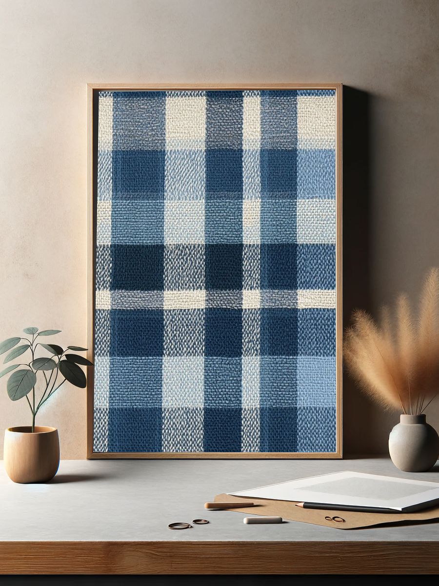 Blue Plaid Textile Pattern Print. — room view 2