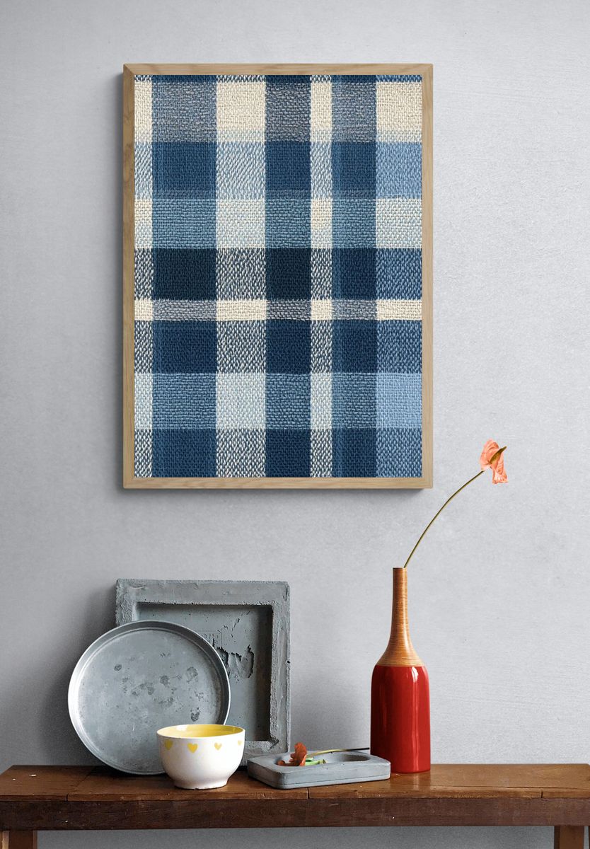 Blue Plaid Textile Pattern Print. — room view 3
