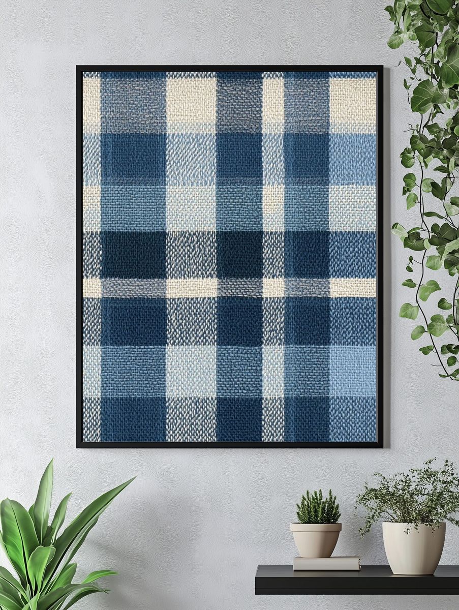 Blue Plaid Textile Pattern Print. — room view 4