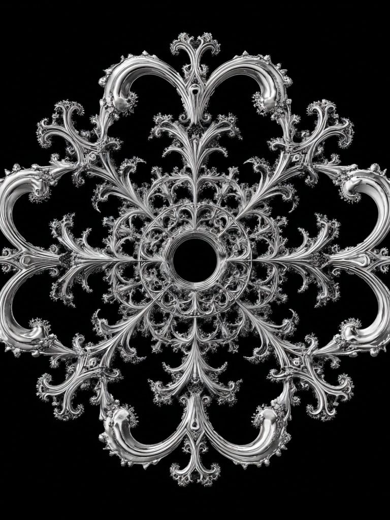 Ornate Silver Fractal Mandala Print. poster detail
