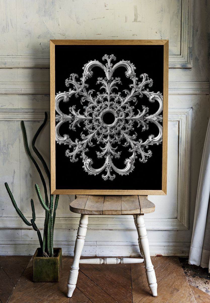 Ornate Silver Fractal Mandala Print. room preview