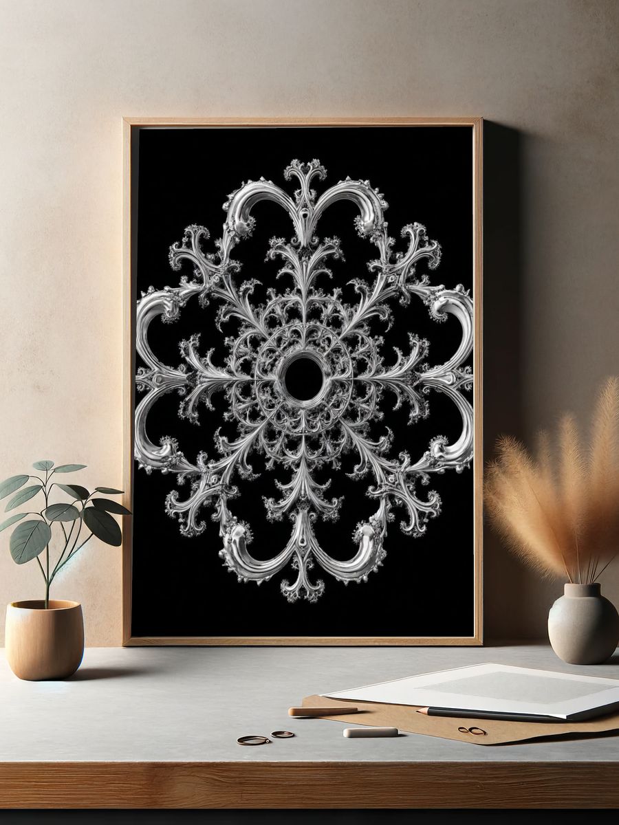 Ornate Silver Fractal Mandala Print. — room view 2