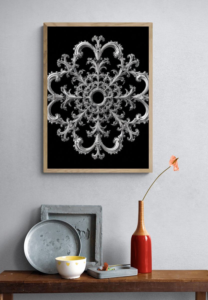 Ornate Silver Fractal Mandala Print. — room view 3