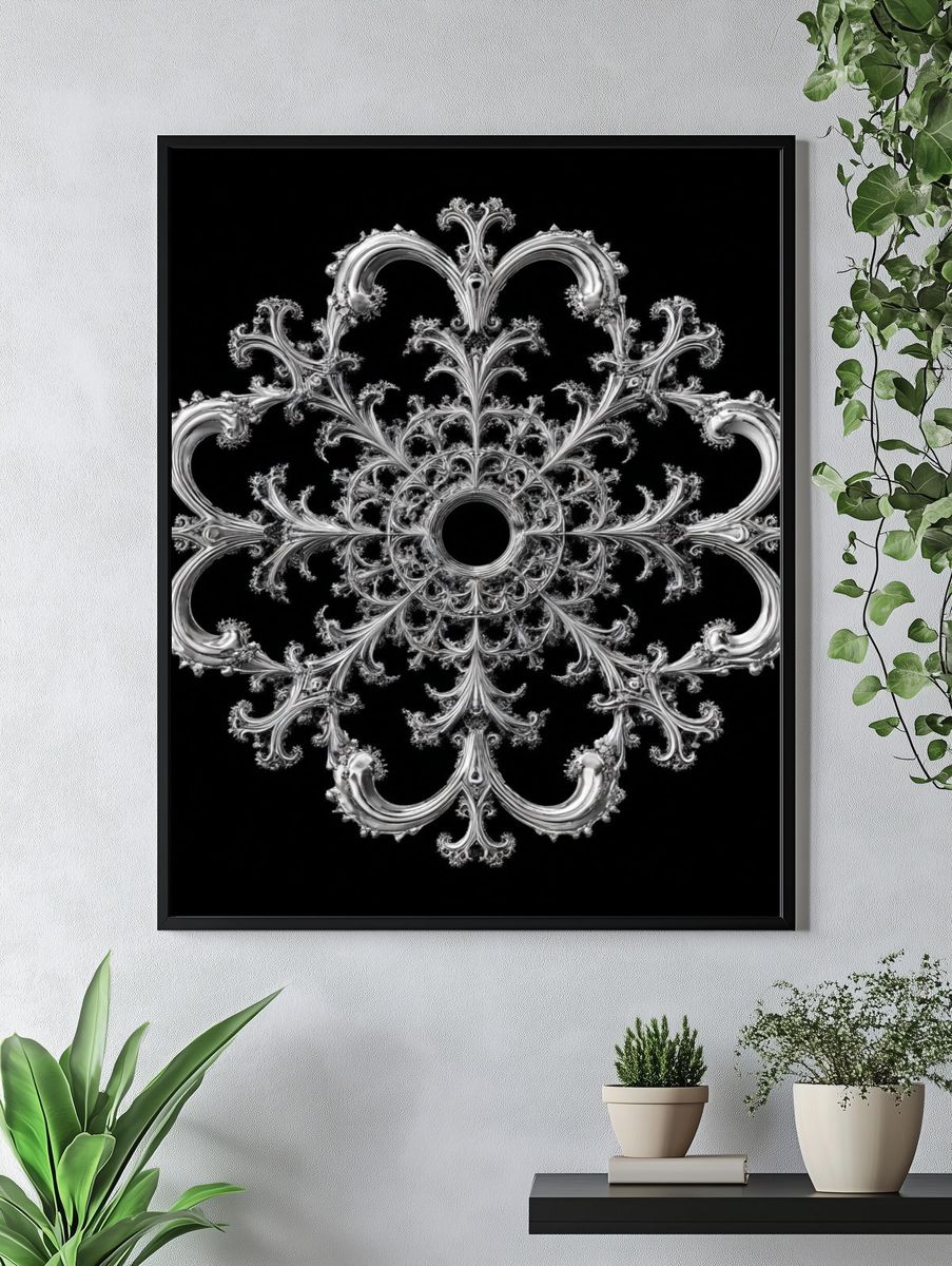 Ornate Silver Fractal Mandala Print. — room view 4