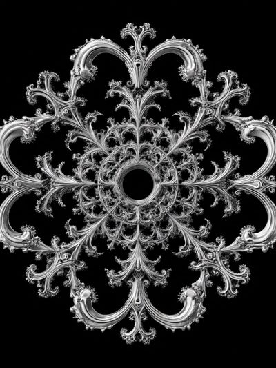 Ornate Silver Fractal Mandala Print.