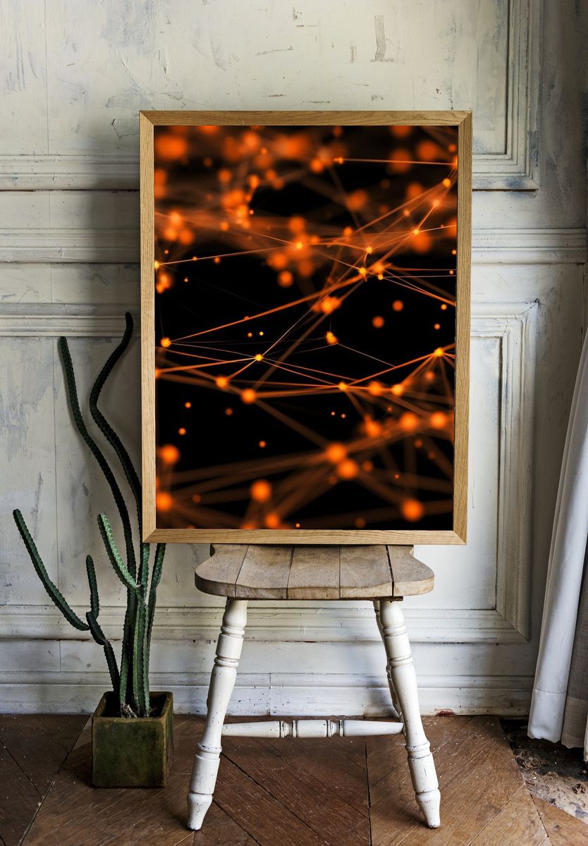 Glowing Orange Network Abstract Poster. room preview