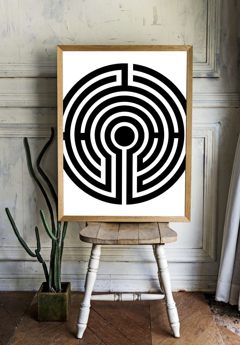 Circular Maze Minimalist Print. room preview