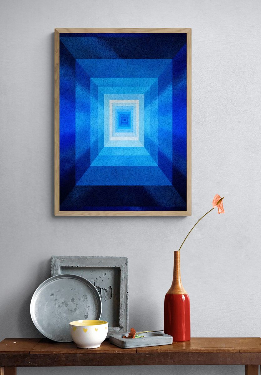 Blue Geometric Tunnel Poster. — room view 3