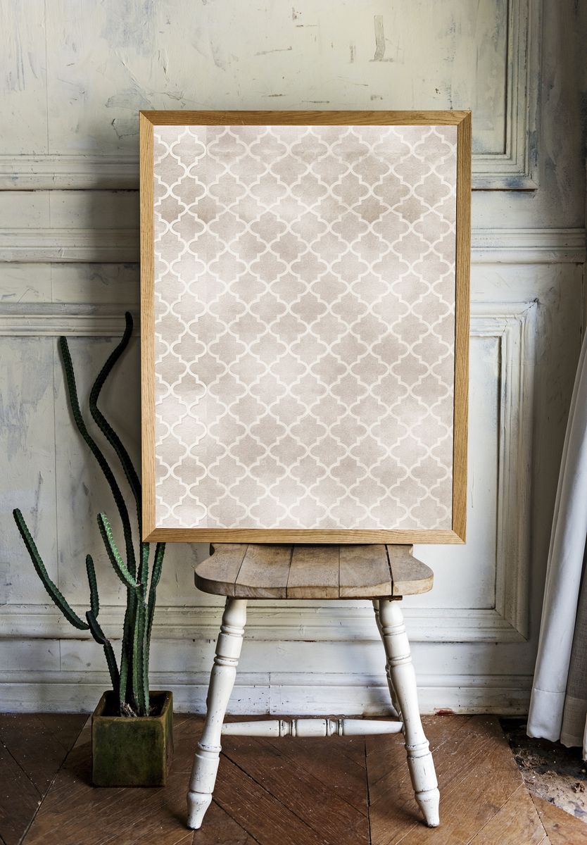 Beige Moroccan Trellis Pattern Print. room preview