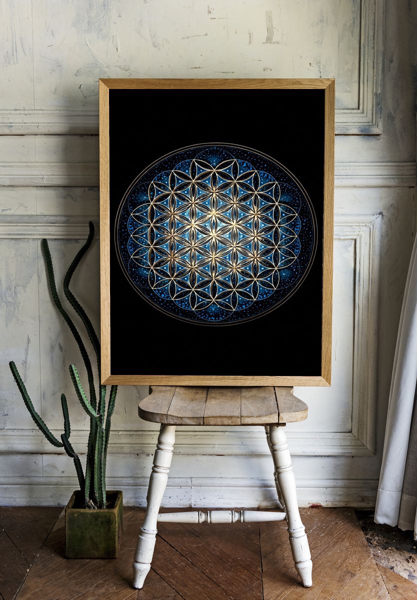 Blue Sacred Geometry Mandala Poster. room preview