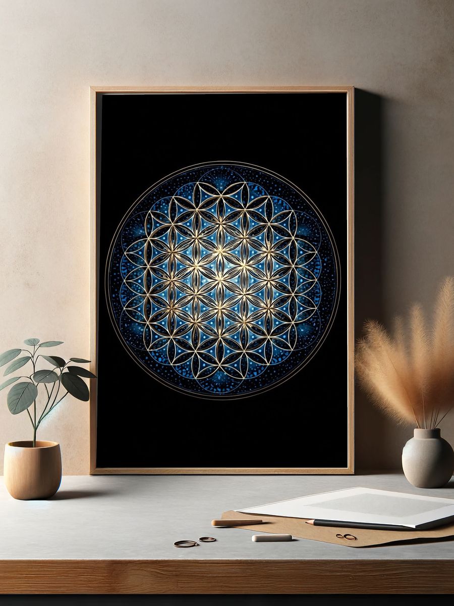 Blue Sacred Geometry Mandala Poster. — room view 2