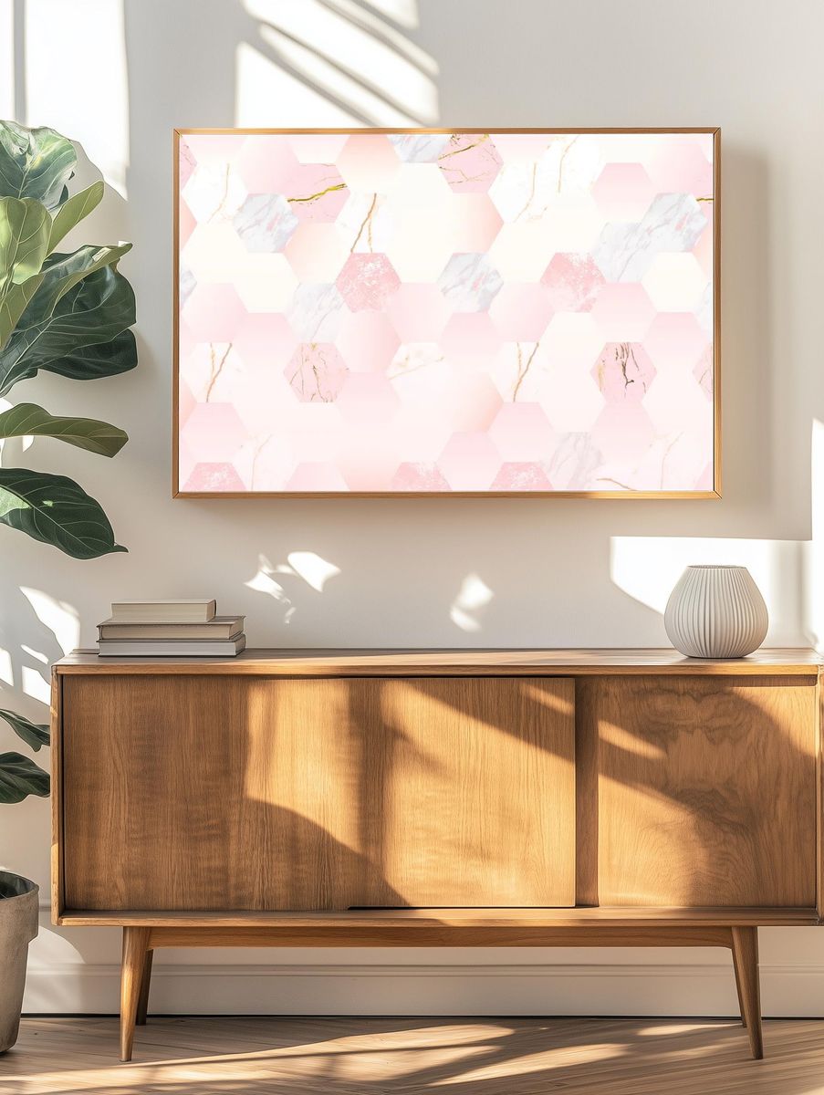 Pink feminine hexagon geometric background. — room view 3