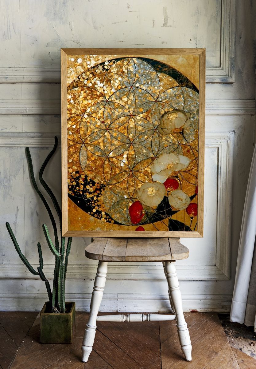 Golden Floral Mandala Poster. room preview