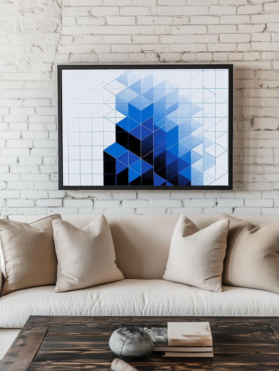 Blue Geometric Cube Abstract Poster. — room view 1