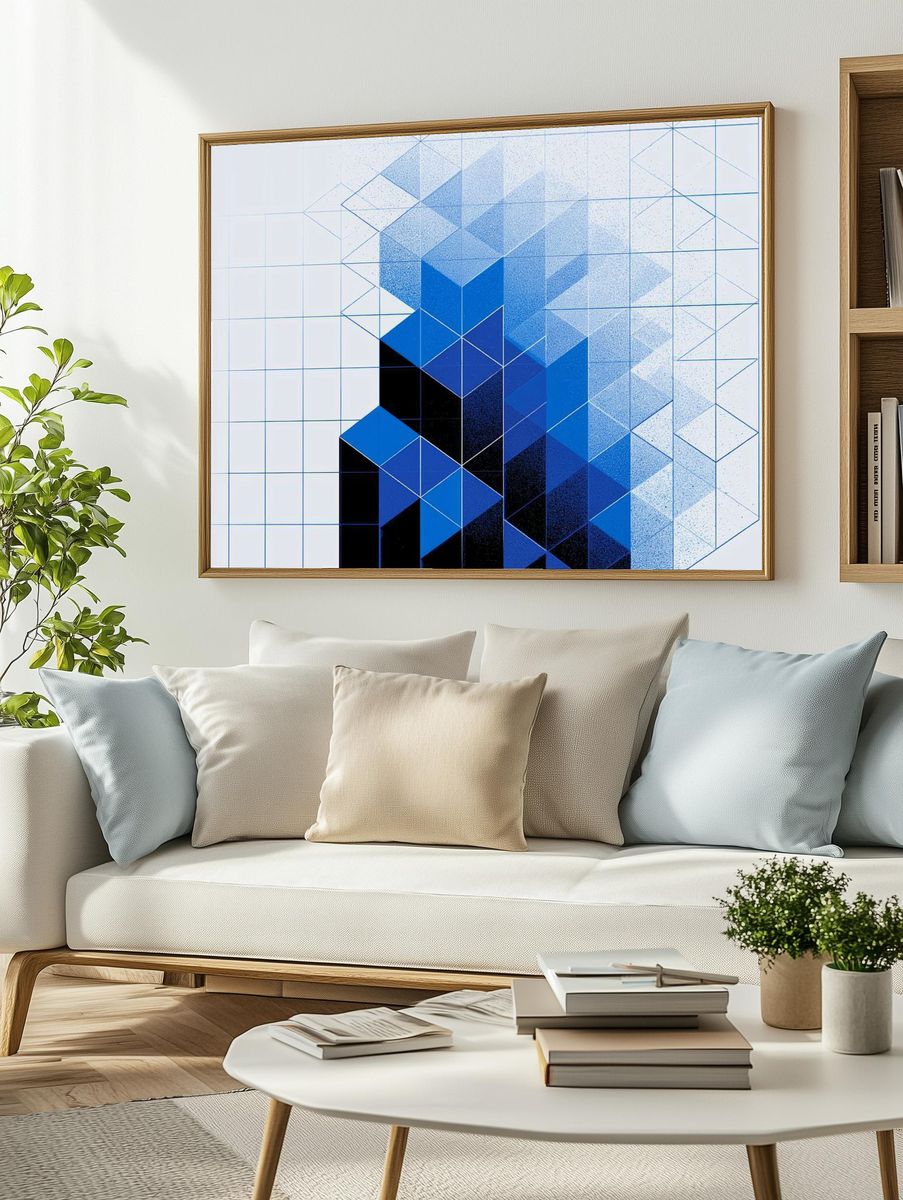 Blue Geometric Cube Abstract Poster. — room view 2