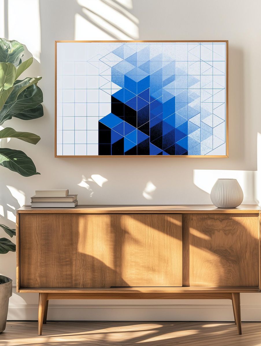 Blue Geometric Cube Abstract Poster. — room view 3