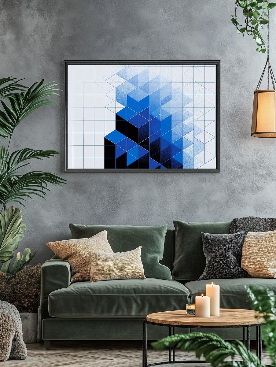 Blue Geometric Cube Abstract Poster. — room view 4