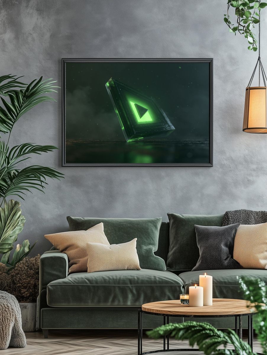 Neon Green Triangle Abstract Poster. — room view 4