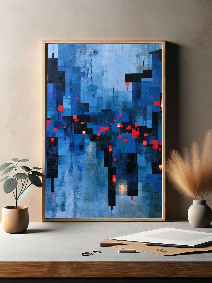 Blue City Lights Abstract Poster. — room view 2