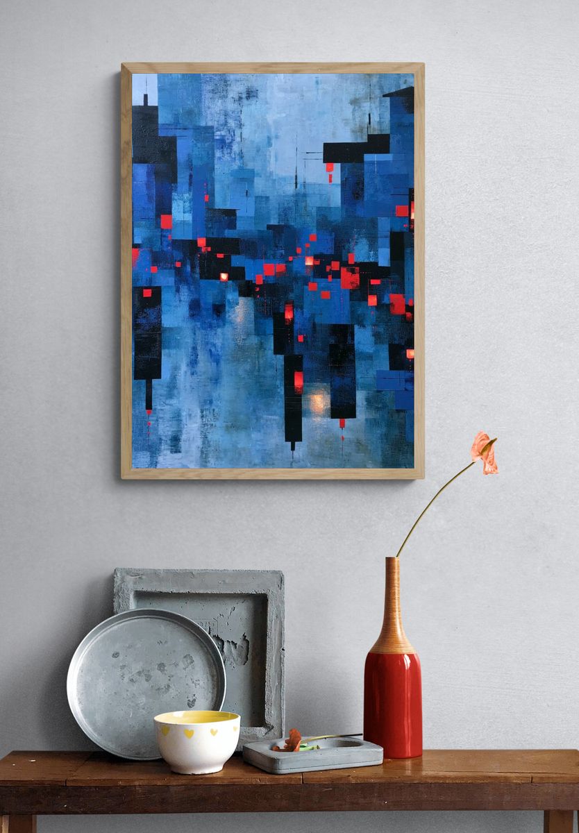 Blue City Lights Abstract Poster. — room view 3