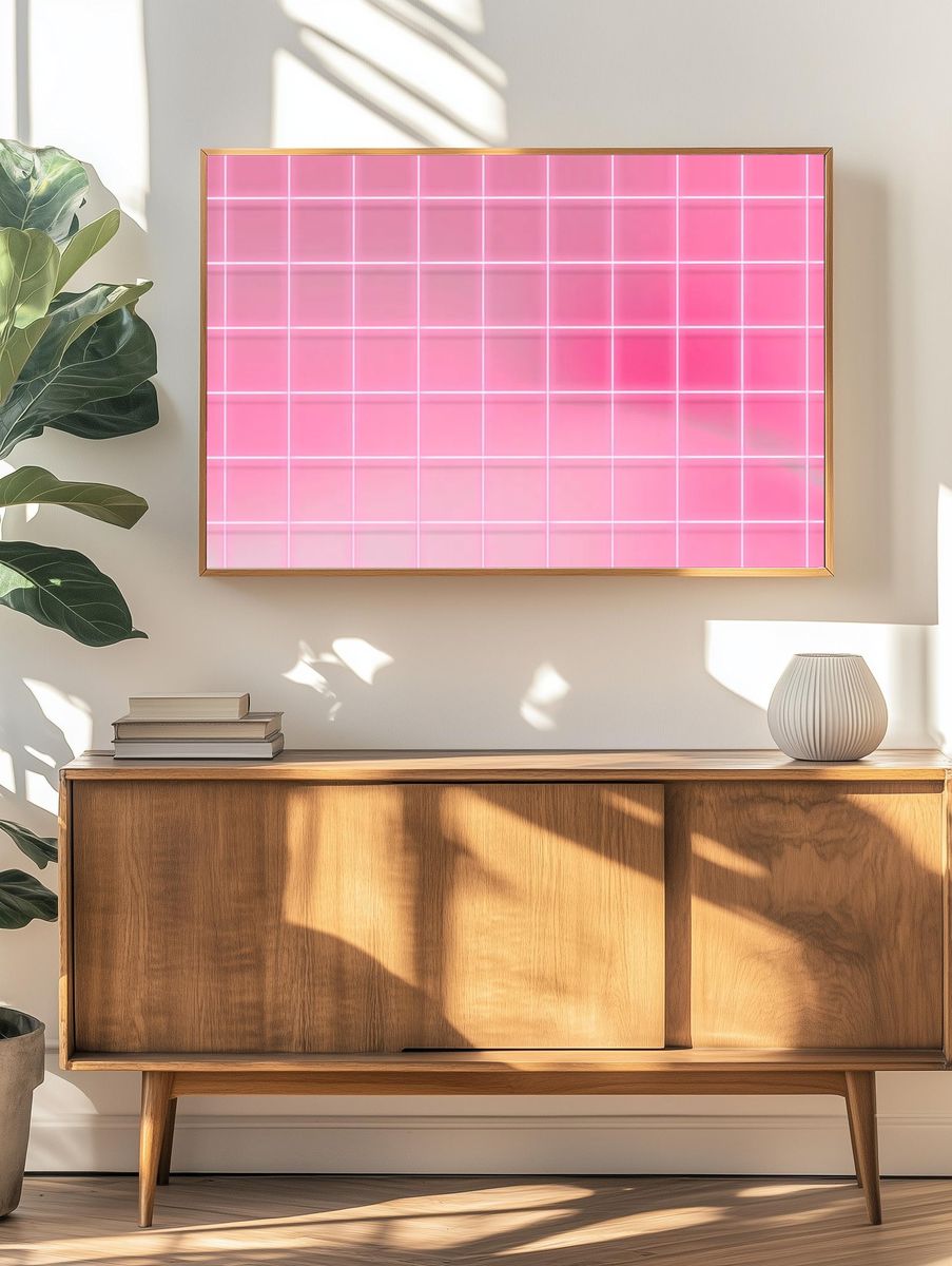 Neon pink grid patterned background. — room view 3