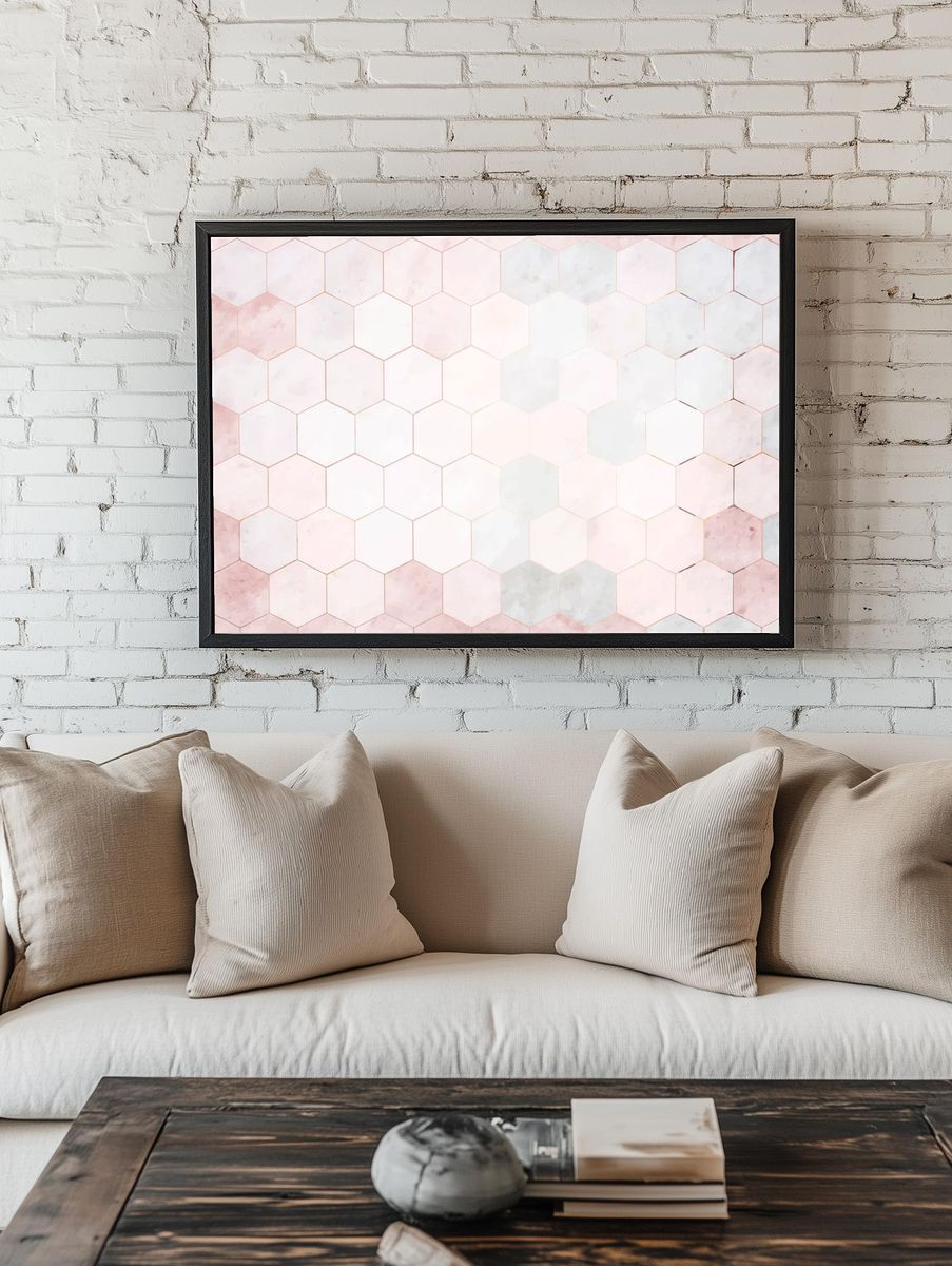 Hexagon pink marble tiles patterned. room preview