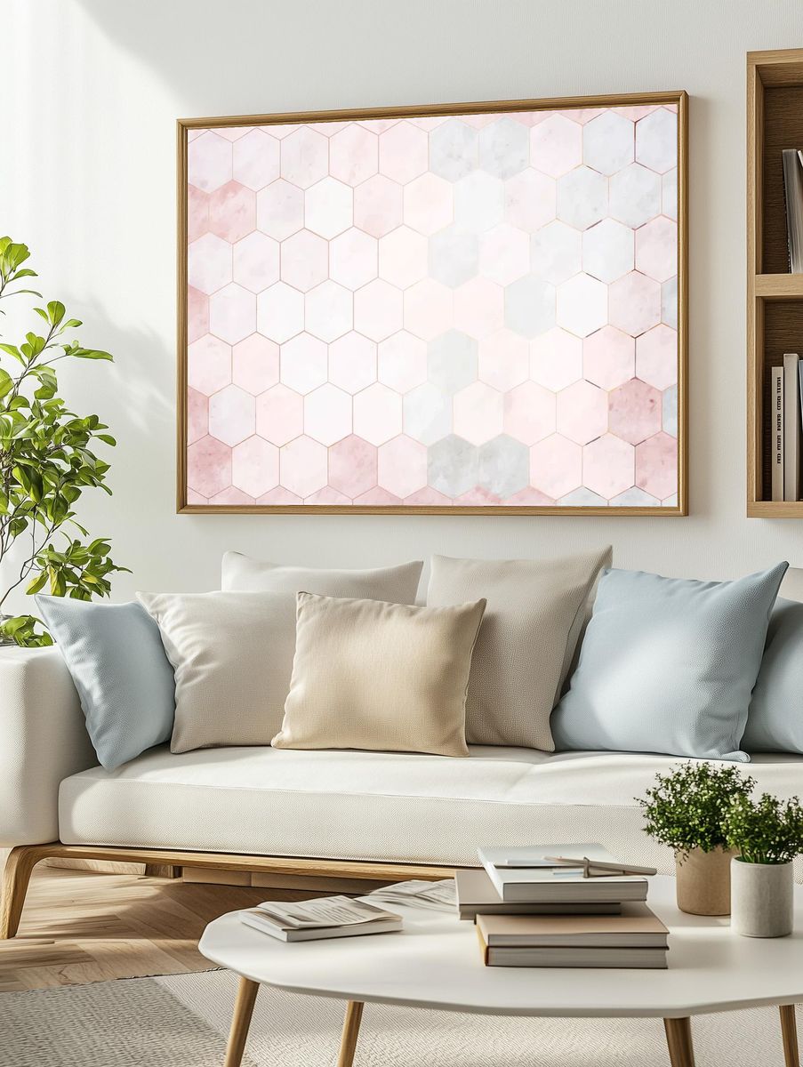 Hexagon pink marble tiles patterned. — room view 2