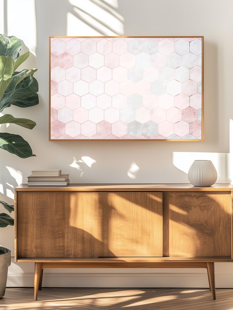 Hexagon pink marble tiles patterned. — room view 3