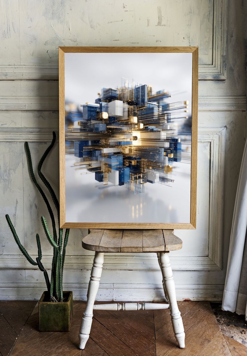 Abstract Geometric Blue Gold Poster. room preview