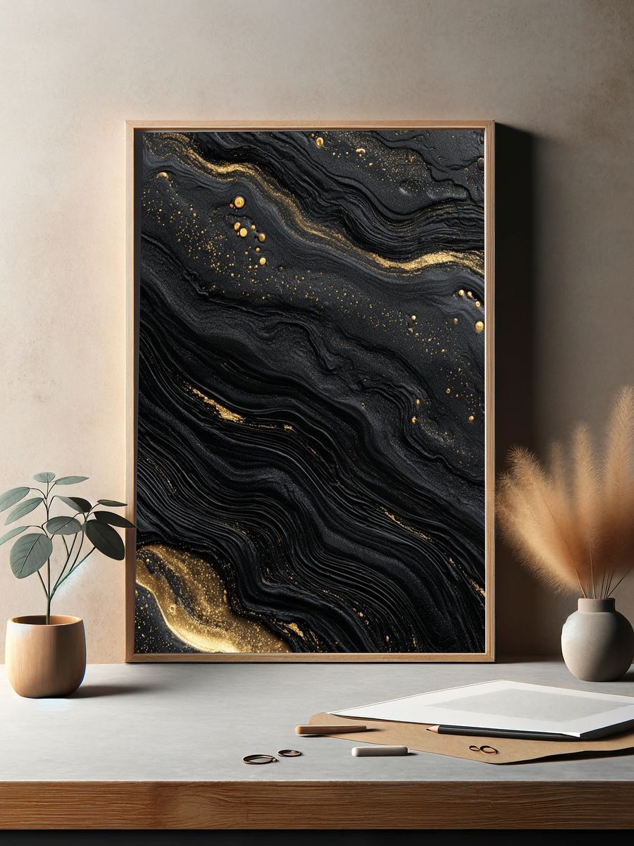 Black Gold Marble Abstract Poster. — room view 2