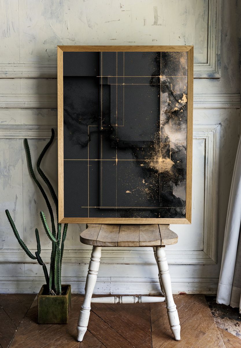 Black Gold Geometric Abstract Poster. — room view 1