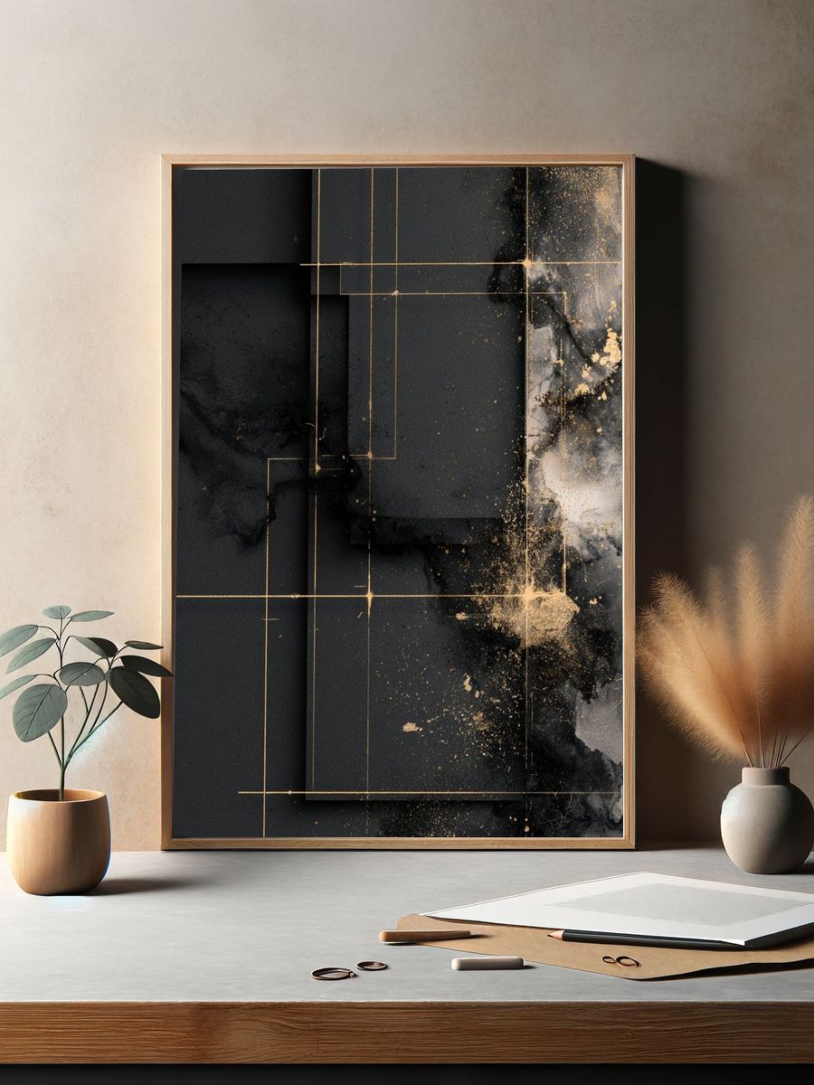 Black Gold Geometric Abstract Poster. — room view 2