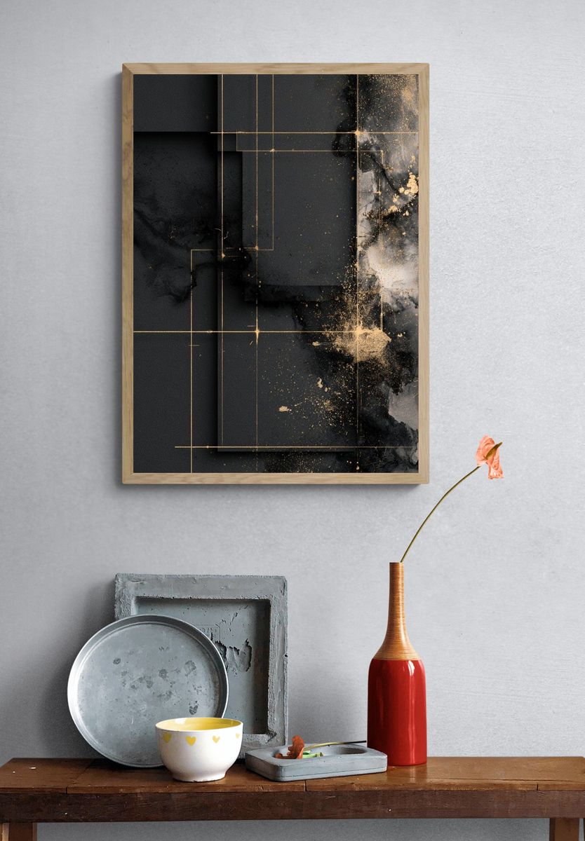 Black Gold Geometric Abstract Poster. — room view 3