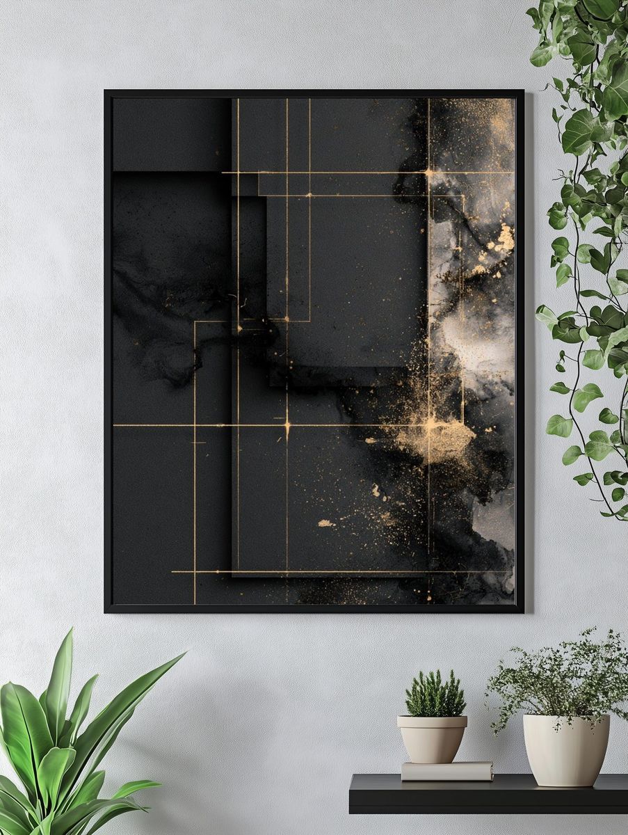 Black Gold Geometric Abstract Poster. — room view 4